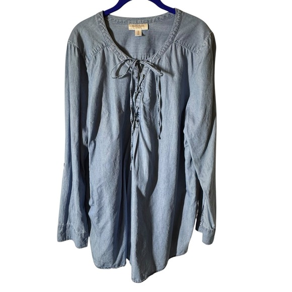 Motherhood Maternity Top XL‎ Denim Chambray Lace Up Shirt Roll Tab Sleeve - Picture 1 of 3